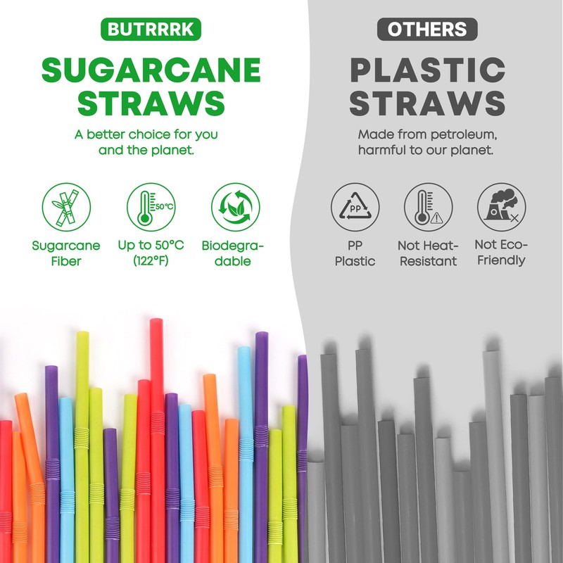200PCS Biodegradable Sugarcane Straws-8.5" Bendy Disposable Drinking Straws