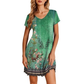 Ekouaer Nightgowns for Women Short Sleeve Sleepshirt V Neck Short Nightshirt Pullover Soft Ruffled Sleepwear Green Flower L
