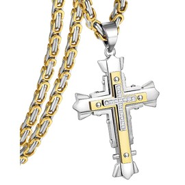 JUNOVUROS 20 to 28 Inches Rolo&Byzantine Chain 316L Stainless Steel Mens Cross Necklace with Large&Medium Sizes with Silver Gold Black
