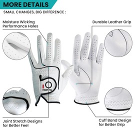 FINGER TEN Golf Gloves Men Left Right Hand Handed Golfer Cabretta Leather 1 Pack, Mens Golf Glove Non Slip All Weather Grip (Natural-1 Pack, X-Large, Left)
