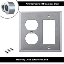 [2 Pack] BESTTEN 2-Gang Combination Metal Wall Plate with Ｗhite or Clear Plastic Film, 1-Duplex/1-Decor, Anti-Corrosion Stainless Steel Outlet and Switch Cover, Standard Size, Brushed Finish, Silver