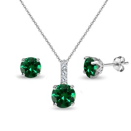 B. BRILLIANT Sterling Silver Simulated Emerald & White Topaz Round Crown Stud Earrings & Necklace Jewelry Set for Women