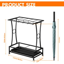 YOCOMEY Metal Umbrella Holder Stand with Removable Drip Tray, Industrial Free Standing Umbrella Rack Organizer for Entryway Home Office Patio Decor(10 Slots 8 Hooks, Black)