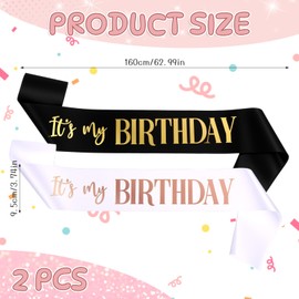 It's My Birthday Sash Pack of 2 Birthday Sash Satin Birthday Sash for Women Girls Boys Black White Sash Decoration Happy Birthday Sash for Birthday Girl