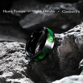 King Will Tungsten Carbide Wedding Band for Men - 8mm Black High Polished Inlay Green Shell Texture Patterns for Everyday Wear Comfort Fit 10