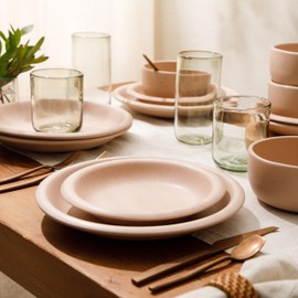 Bloomhouse - Oprah's Favorite Things - Corsica Clay 12 Piece Stoneware Rustic Reactive Glaze Dinnerware Set - Stackable Plates and Bowls Set. Service for 4 - Matte Prosecco Blush Pink