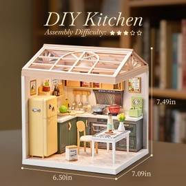 Qudify Miniature Kitchen DIY House Play Kit – 126Pcs Cooking Room Furniture Set with Plug-in LED Light & Modular Base, 1:20 Scale Tiny House Model, Dollhouse Toy for Kids 8+, Teens & Hobbyists