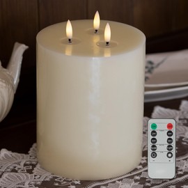 SEHNSY 3 Wick Extra Large Flameless Candles, 6"x8" Flat Battery Operated Candles with Remote, Real Wax Led Candle with 3D Flickering Flame, Fake Candles for Home Decor (Ivory)