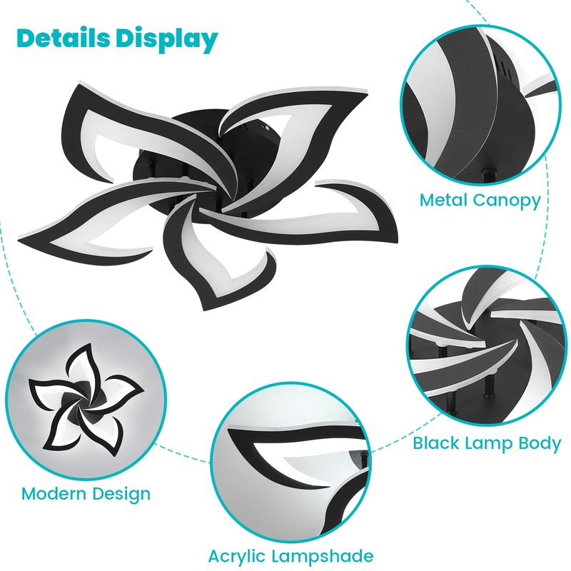 Goeco Modern Ceiling Light, Dimmable Black 5-Petals Flower Flush Mount