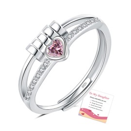Pink Anxiety Ring for Daughter, Adjustable Heart Rings for Girls with Cubic Zirconia, Silver Fidget Ring Sterling Silver Fidget Rings for Women, Daughter Birthday Gifts Christmas Gifts for Women