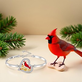 Cardinal Bracelet Red Cardinal Gifts for Women Sterling Silver 925 Bird Heart Charm Bangle Bracelets Adjustable Memorial Remembrance Gifts Jewelry