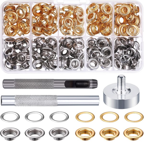 Grommet Kit 200 Sets Grommets Eyelets with 3 Pieces Install Tool Kit, 2 Colors (1/4 Inch Inside Diameter)