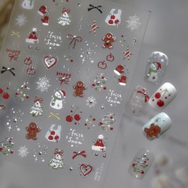 Christmas Nail Stickers 3D Self-Adhesive Santa Claus Snowman Nails Supplies Tree Bow Nails Decals Gingerbread Man Designs 5D Embossed Cute Red Cherry Nails Decoration for Women DIY Manicure 1 Sheet