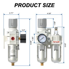 3/8" NPT Compressed Air Filter Regulator Lubricator Combo, Air Compressor Water Separator AC2010-02,5 Micron Brass Element Semi-Auto Drain,0-145 psi Gauge