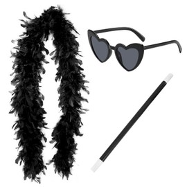 HINFHI 1 Black Feather Shawl, 1 Heart-Shaped Sunglasses, 1 Magic Wand, Role-Playing Props, Creative Personality, Women'S Clothing Set.