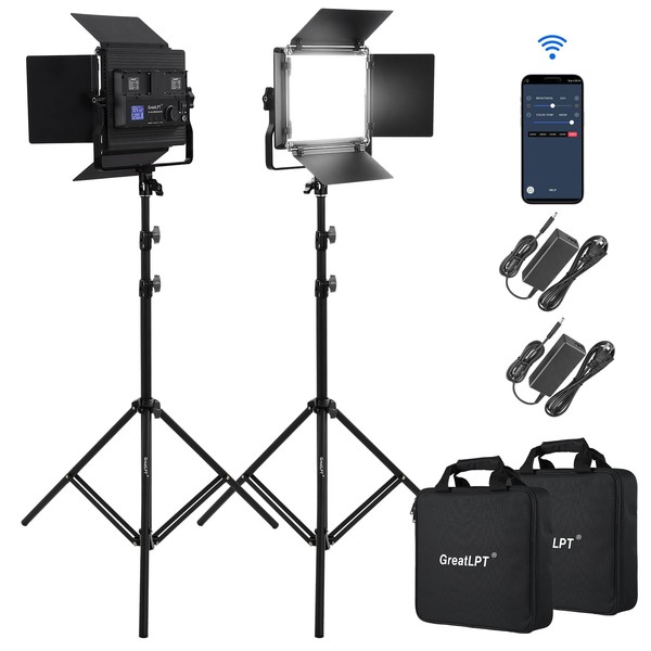 GreatLPT 2Pcs 50W 600 LED Photography Lighting with APP Control & Stand Kit, 3200K-5600K Dimmable CRI 96+ TLCI 97+ CQS 96+, 1800 Lux/1m, Bi-Color Video Light for Studio/Video Recording/Streaming/Film