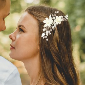 BETITETO Pearls Flower Hair Clips 2pcs Bridal White Floral Silver Leaf Vine Hair Pieces Accessories for Wedding Women