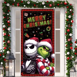 Merry Christmas Door Cover Nightmare Before Christmas Jack Skellington Photo Backdrop Christmas Xmas Winter Holiday Party Decorations and Supplies for Home-71×35''