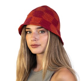 Tibetan Socks Handmade Cotton Checkered Crochet Bucket Hat Red/Orange
