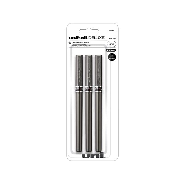 Uni-ball Deluxe Rollerball Pens, Micro Point (0.5mm), Black, 3 Count