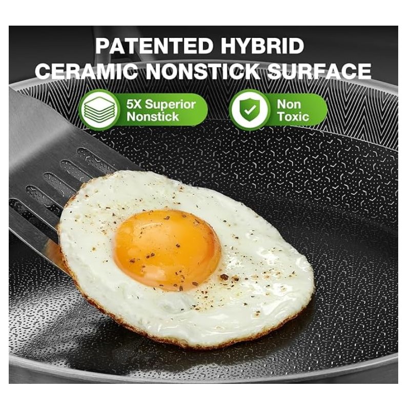 Hybird Nonstick Frying Pan with Lid 12 inch,Stainless Steel Skillet,Ceramic