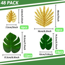 Veytoo Palm Leaves Hawaiian Party Decorations, 48 Pieces 4 Kinds Tropical Leaves Palm Luau Party Faux Monstera Leaves for Hawaiian Luau Party Jungle Beach Table Leave Party Decorations