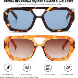MUNSADE Trendy Aviator Sunglasses for Women Retro Hexagonal Square Double Bridge Sun Glasses Designer Style Shades 2pack ((2 Pack) Tortoise/Blue+Orange Leopard/Brown)