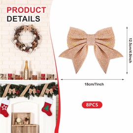 8 Pack Glitter Rose Gold Christmas Bows Christmas Tree Bows 15cm Wide, Rose Gold Bows for Christmas Tree Decorations Garland Gift Wrapping Crafting Bows Ornaments Xmas Wreath Bows Decorations Supplies