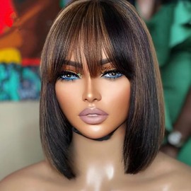 Jnymell Ombre Highlight Short Bob Human Hair Wigs with Bangs Brazilian Highlight 1BT30 Color Straight Bob 13x4 HD Transparent Lace Front Human Hair Wigs 150% Remy Short Bob Straight Hair Wig 8Inch