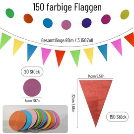 150 Flags Bunting Outdoor 80 Metres, Reusable Rainbow Fabric Garland for Party, Birthday, Indoor Garden Party, Christmas Decoration