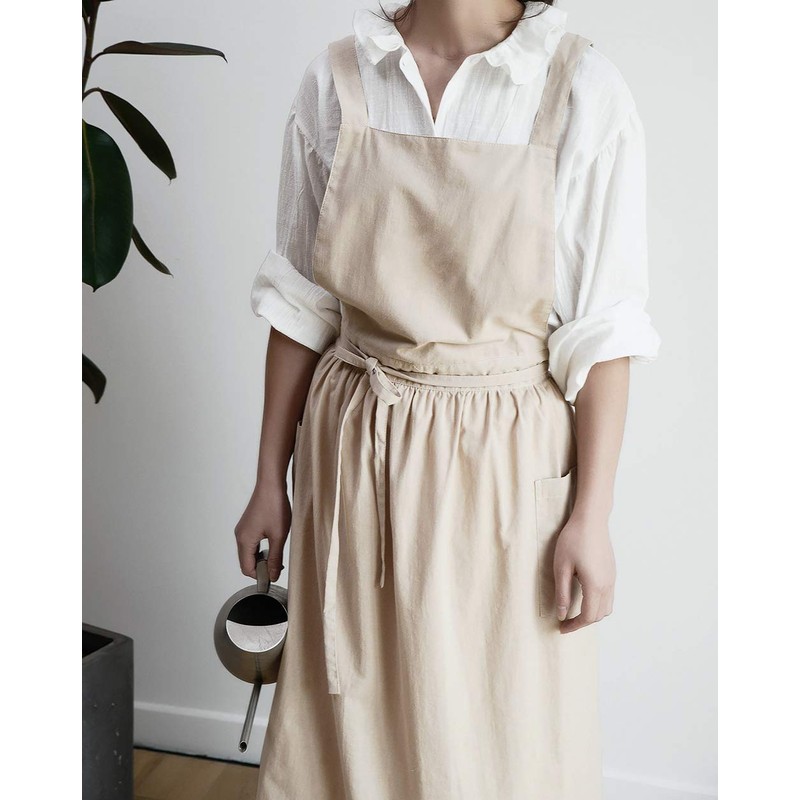Cotton Pleated Apron Retro Waterdrop Proof Garden Cleaning Pinafore Dress