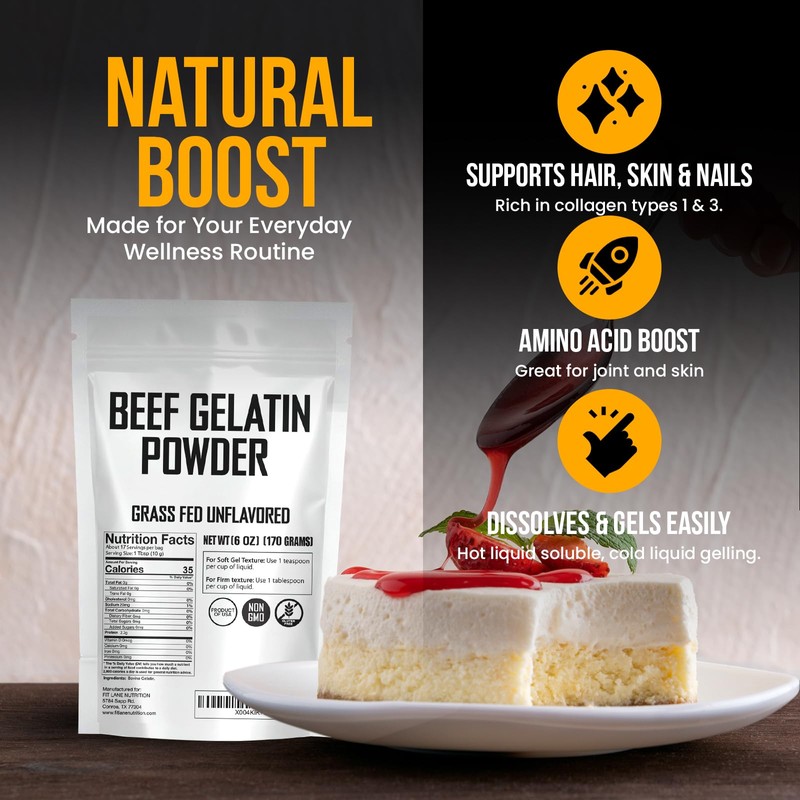 Beef Gelatin Powder 6 oz - Grass-Fed, Unflavored, Non-GMO -