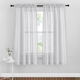 PONY DANCE Net Curtains for Windows - Short Thick Window Grey Voile Curtains with Semi Transparent Slot Top Curtain Light Filter for Kitchen, 2 Pieces, W 52 x L 63 inch, Light Grey