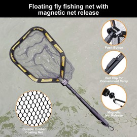 PLUSINNO Floating Fishing Net for Steelhead, Salmon, Fly, Kayak, Catfish, Bass, Trout Fishing, Rubber Coated Landing Net (11.8"/30cm Hoop Size Orange（Fly Fishing net with Magnetic Release）)