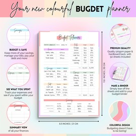 Budget Planner & Monthly Bill Notepad | Finance Budget Planner Desk Pad, Financial Savings, Debt, Income, Expenses, Spending & Bill Trackers - A4 Pastel Rainbow