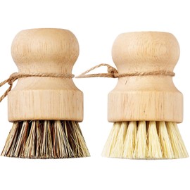 Hinapan Pack of 2 Bamboo Dish Scrubbing Brushes, with Hanging Cord, Durable Wooden Tableware Scrubbing Brush, for Cleaning Pans, Pots and Sink (Sisal and Palm)