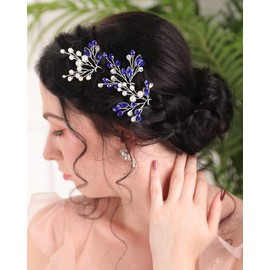 Rumtock 3pcs Blue Rhinestones Pearl Beads Hair Pins Set for Women Wedding Bridal Silver Hair Accessories Jewelry