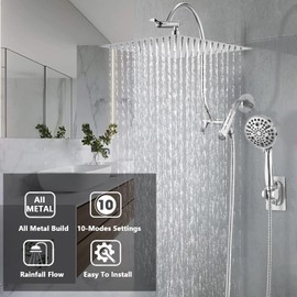 PDPBath Metal Rain Shower Head with Handheld Spray Combo, 12" High Pressure Rainfall Shower Head with 17" Adjustable Extension Arm, 79" Long Hose, 10-Settings Wand, 3-Way Diverter, Chrome