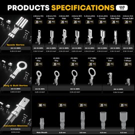 DxCRIMP Crimping Tool Kit, 14-Type Open Spade & Quick-Disconnect Connector Set (2.8/3.9/4.8/6.3 mm) Non-Insulated Brass Terminals, 24–14 AWG Ratcheting Crimper, for Automotive, Marine, Appliance, DIY