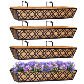 Y&M 4Pcs 30'' Railing Planter Box Set with Coconut Coir Liner, Flower Boxes with Adjustable Brackets, Large Metal Hanging Window Boxes for Fence, Deck, Balcony, and Outdoor Garden