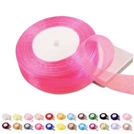 POPOYU Chiffon Ribbon Rose Red, 25 mm x 45 m Organza Ribbon Rose Red Ribbon Wedding Gift Ribbon Wedding Tulle Ribbon Transparent Satin Ribbon Rose Red for Christmas Wedding Christening Birthday