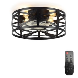 Conciseer 16 Inch Caged Ceiling Fans with Lights and Remote, Flush Mount, Low Profile 7 Blades 6 Speed Reversible Quiet DC Motor for Bedroom, Kitchen and Living Room, Black