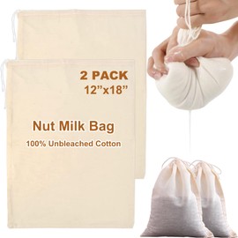 FXHDC-M 2 Pack Large Cheese Cloth Bags for Straining Cotton Muslin Bags Nut Milk Bag Reusable Nutmilk Mesh Bag for Cheesecloth for Straining Fine Mesh and Drawstring Closure (12"x18")