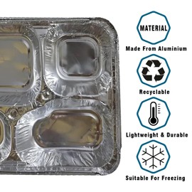 (Pack of 120)- Large Aluminium Foil Trays 4 Compartment Food Container with lids Square Tin Foil Recyclable Aluminium Disposable Foil Pan Catering for Grilling Baking Roasting-Home Restaurant