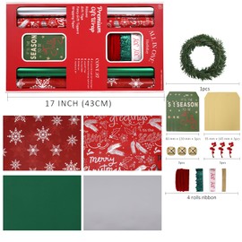 BIOBROWN Christmas Wrapping Paper Roll Set - 17" x10' Per Roll (4 Rolls, 56.6 sq.ft. ttl.) - Holiday Greeting Design Wrapping Paper with Ribbons and Tags Assortment for Holiday Xmas