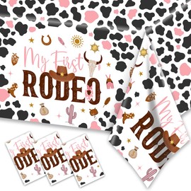 CMUSKO 3Pcs My First Rodeo Tablecloths-Cowgirl Baby Shower Decorations Pink Cow Print Western Disposable Rectangular Plastic Table Covers First Rodeo Birthday Party Supplies Girl