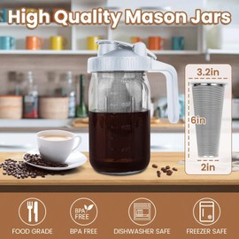 QHH Cold Brew Coffee Maker,32 oz Mason Jar Pitcher with Stainless Steel Filter, Pour Spout Handle Lid, Heavy Duty Glass Airtight & Leak-Proof Pitcher for iced coffee Tea Lemonade-Gray