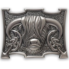 Scottish Heilan Coo Kilt Belt Buckle – Highland Cow Pewter Buckle, Elegant Celtic Accessory for Men, 10cm x 7.6cm (Silver Antique)