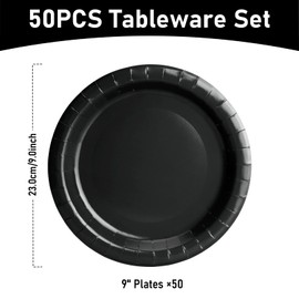 PARTY GO Party Plates Black Pack of 50 Children's Birthday Boys and Girls Party Decoration Accessories Paper Plates