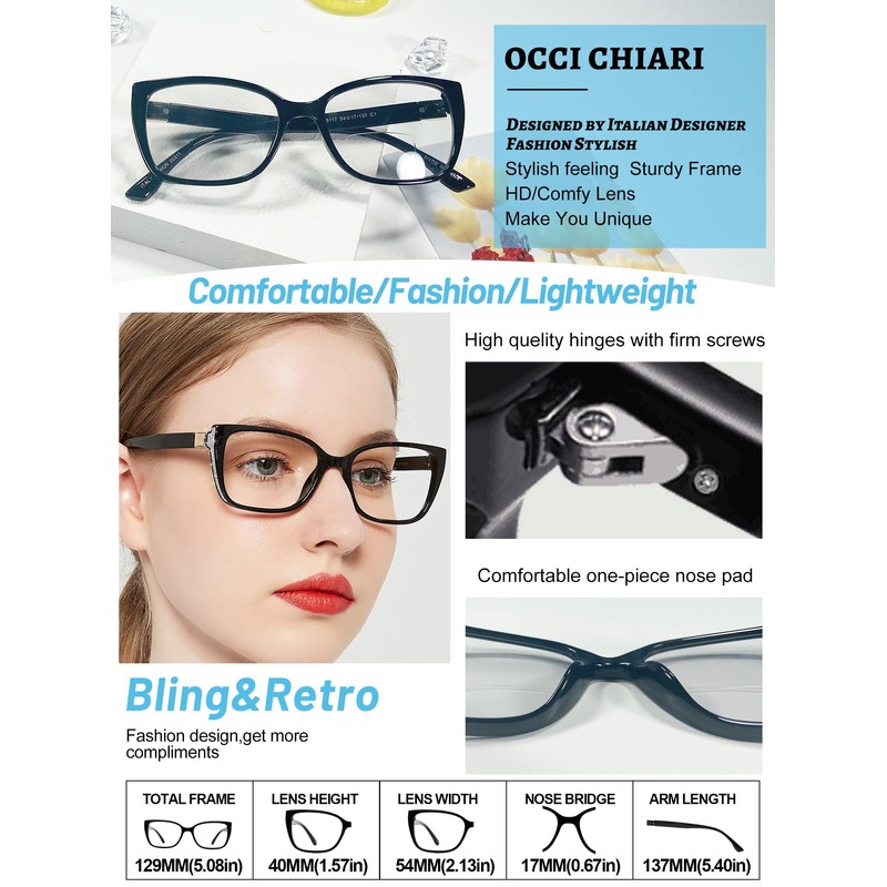 OCCI CHIARI Transition Photochromic Bifocal Reading Glasses Womens,Large Clear UV